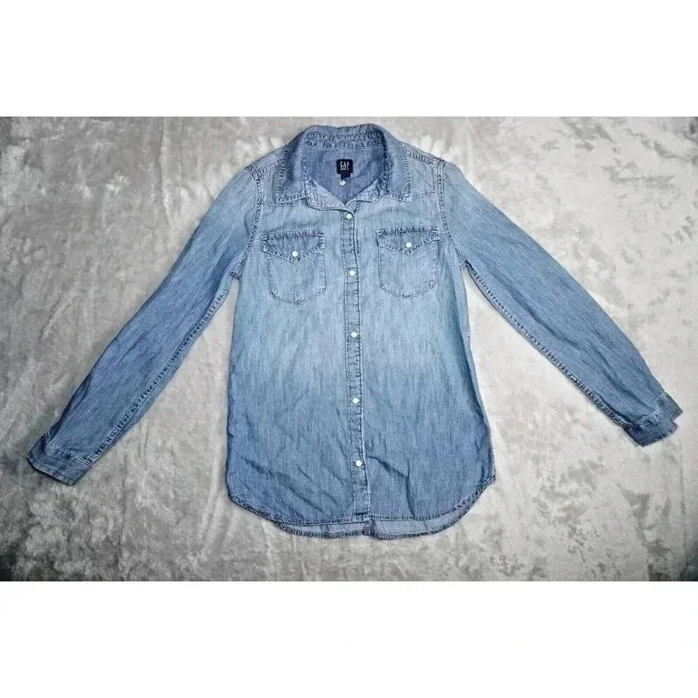 GAP Kids Denim Shirt Dress Girls Sz L (10) Pearl Snap Front Jean Long Sleeves